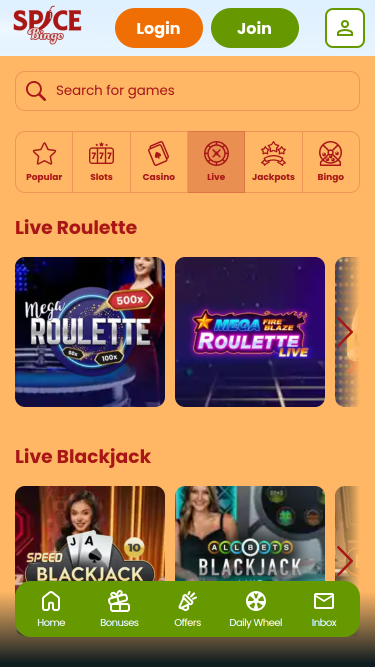 Live dealer mobile di Spice Bingo Casino