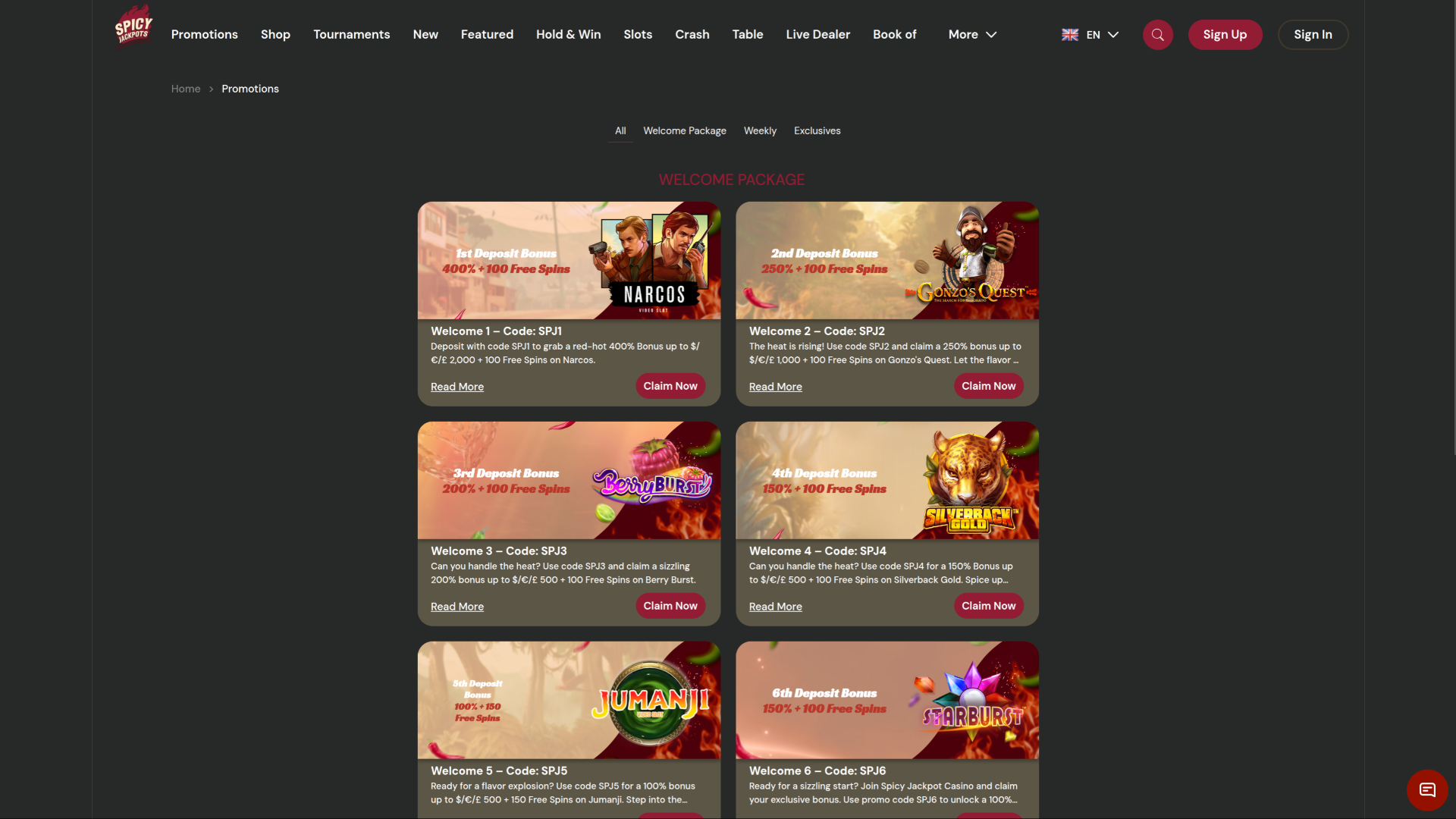 SpicyJackpots Casino Desktop Promotions