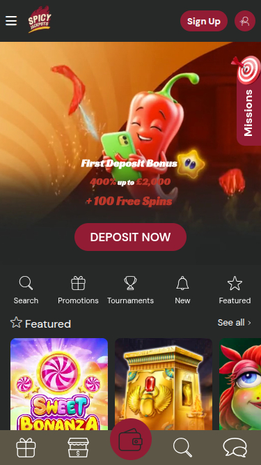 SpicyJackpots Casino Mobile Homepage