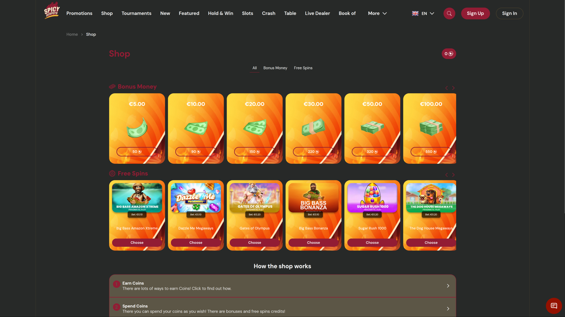 SpicyJackpots Casino Desktop Shop