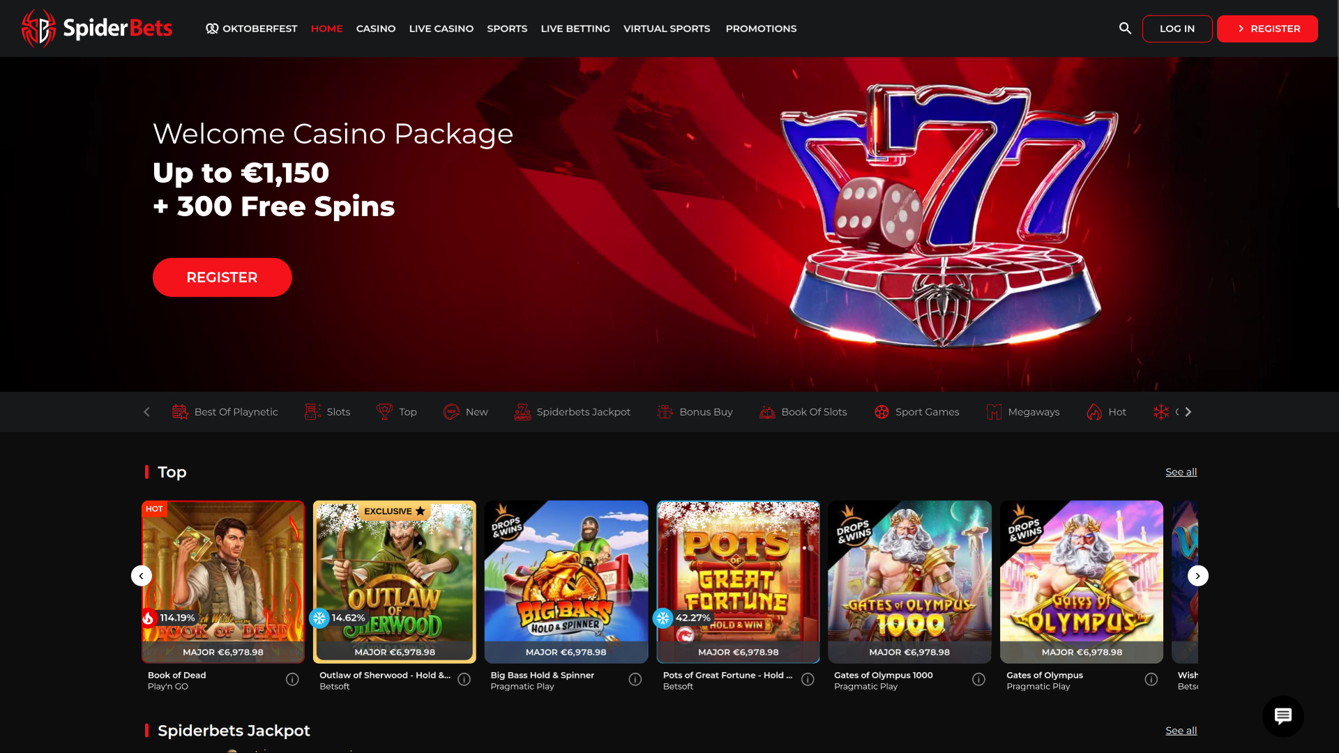 SpiderBets Casino Desktop Homepage