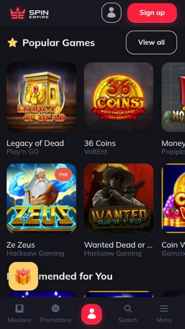 Schermata mobile della pagina dei giochi di SpinEmpire Casino