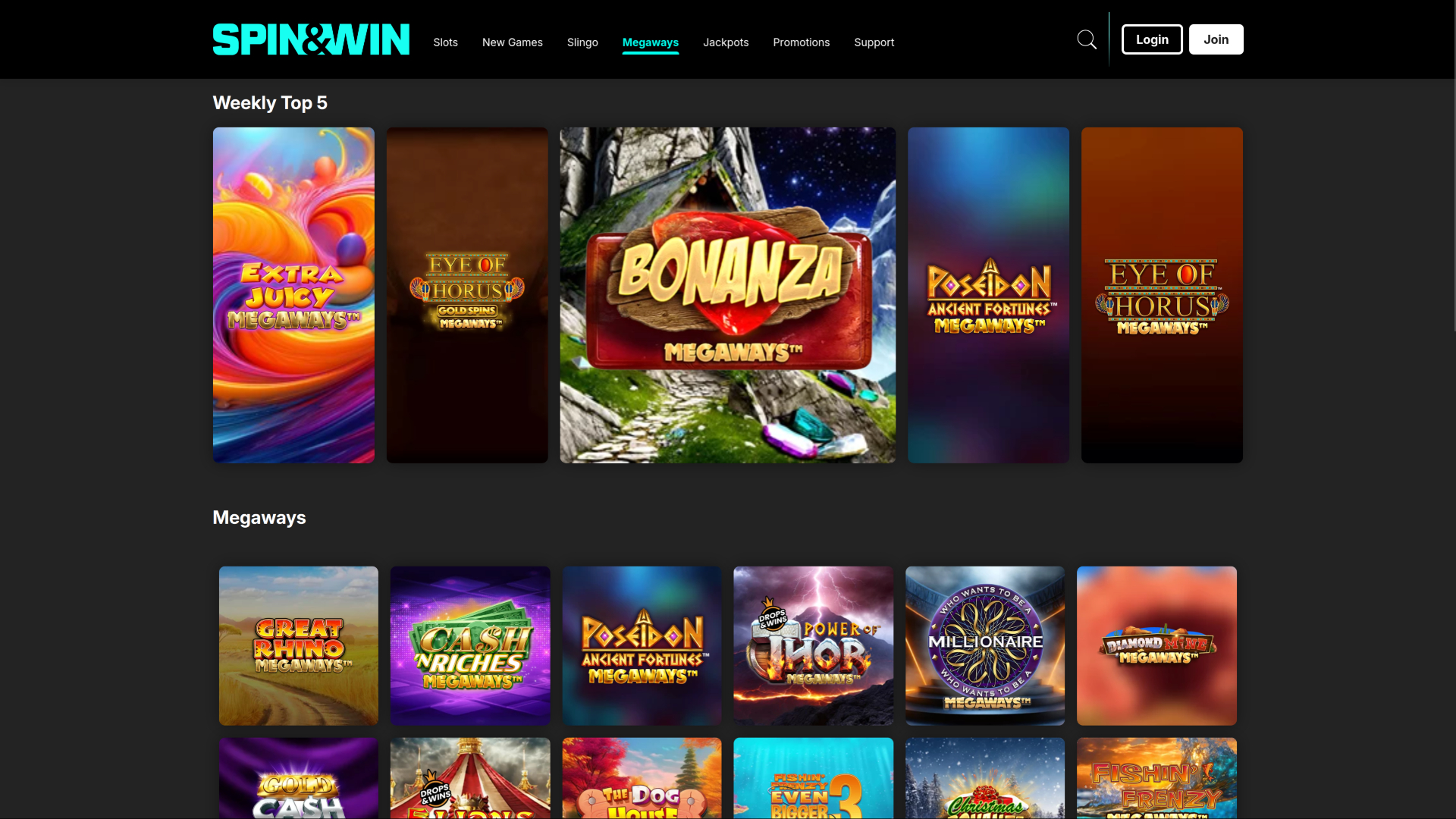 Spin and Win Casino sur ordinateur de bureau Megaways