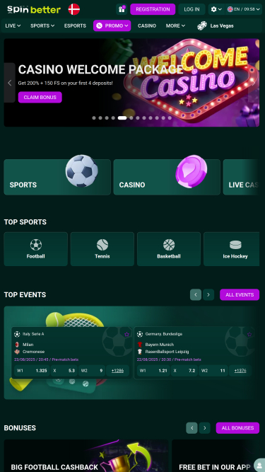 Page d'accueil mobile de SpinBetter Casino