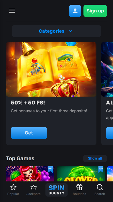 Page d'accueil mobile de SpinBounty Casino