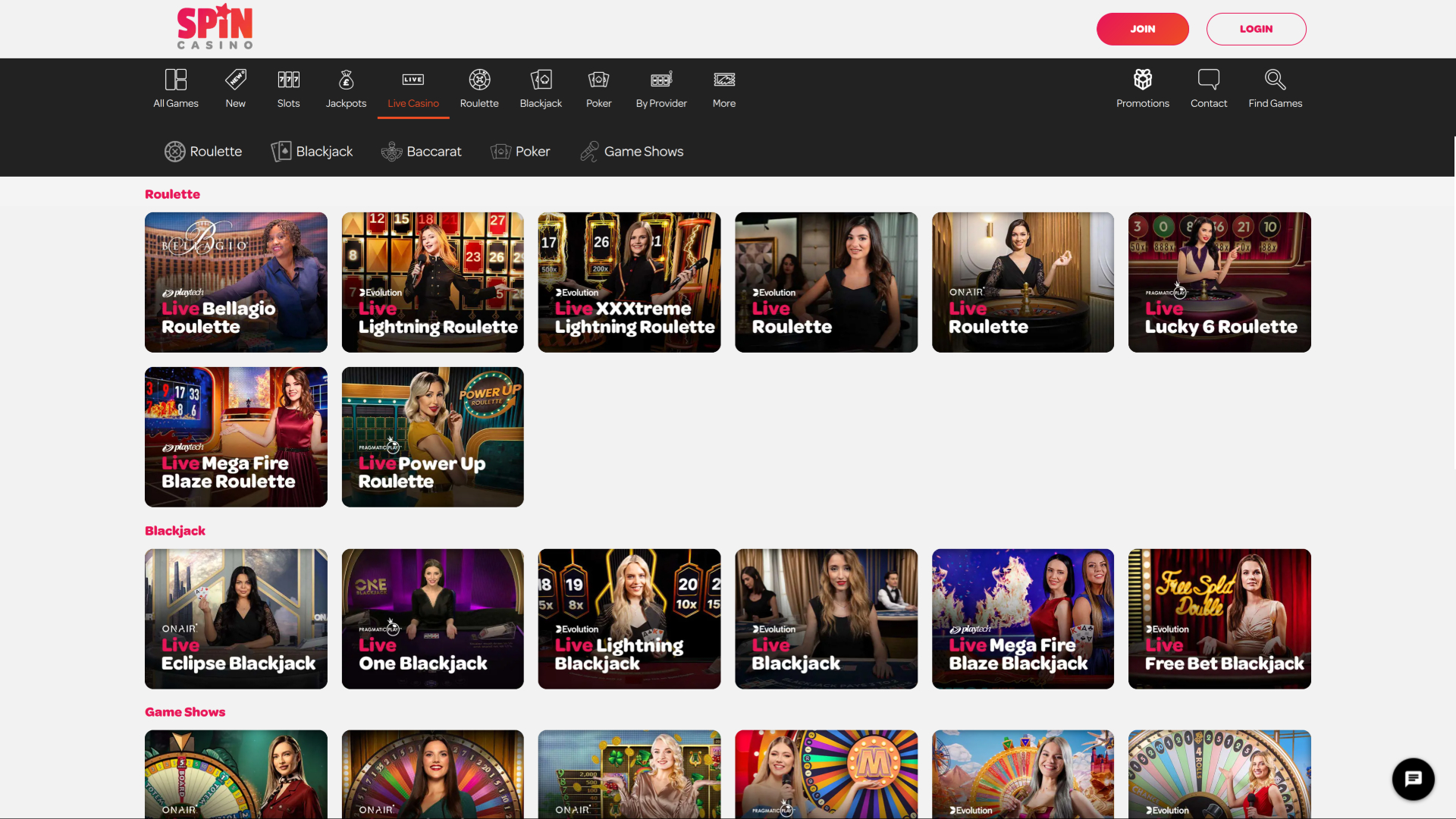 Live dealer desktop di Spin Casino