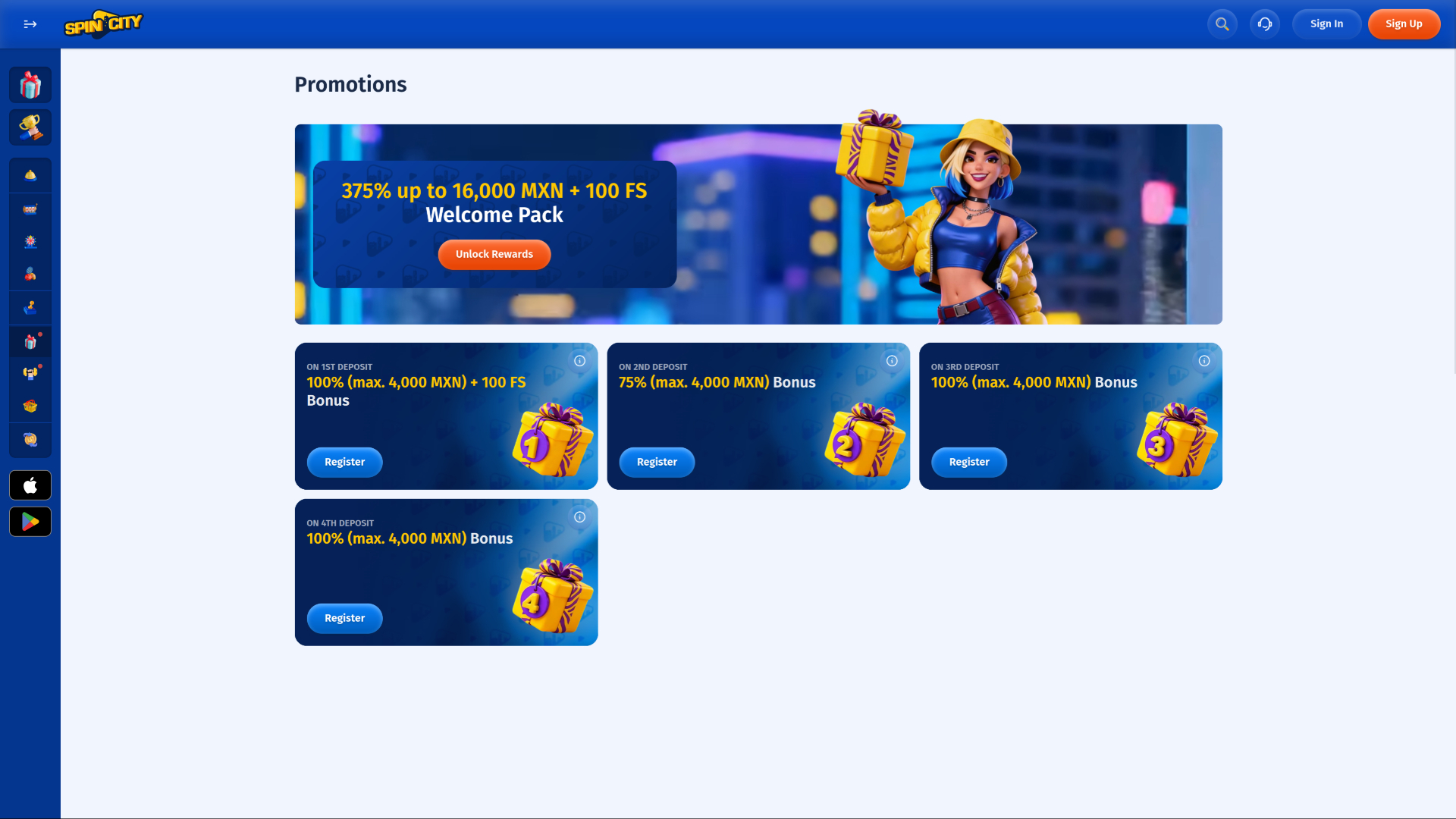 Spin City Casino Desktop-Aktionen