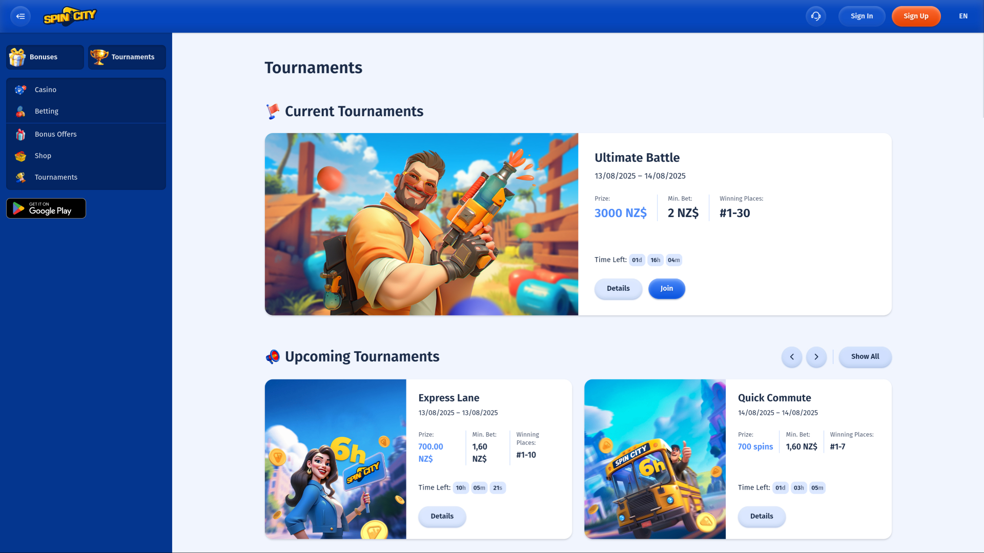 Турниры Spin City Casino на компьютере