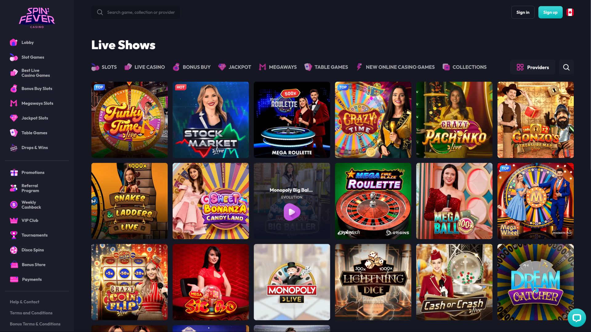SpinFever Casino Desktop Live Dealer