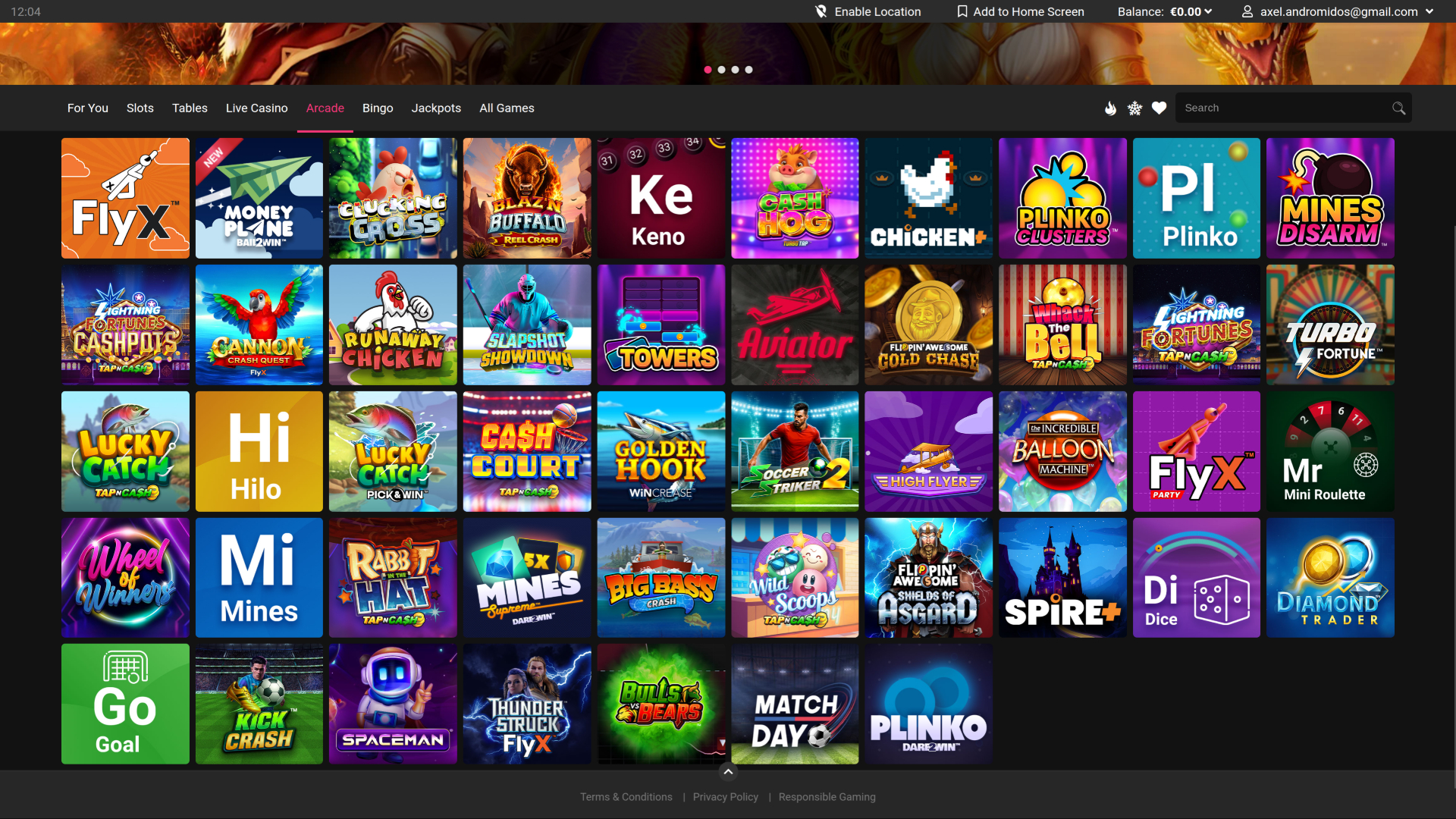 Desktop-Arcade von Spin Galaxy Casino