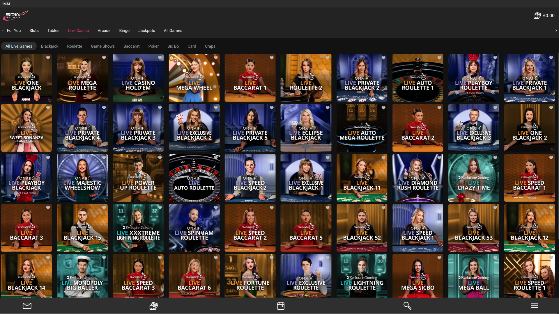 Live dealer desktop di Spin Galaxy Casino