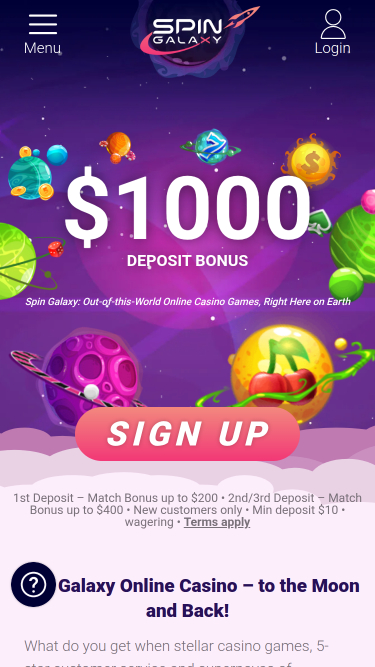 Homepage mobile di Spin Galaxy Casino