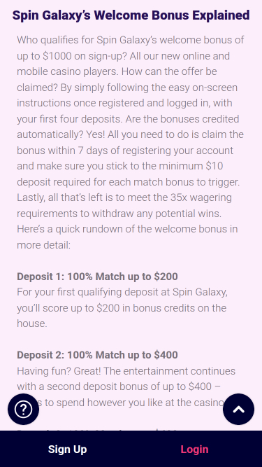 Promozioni mobile di Spin Galaxy Casino