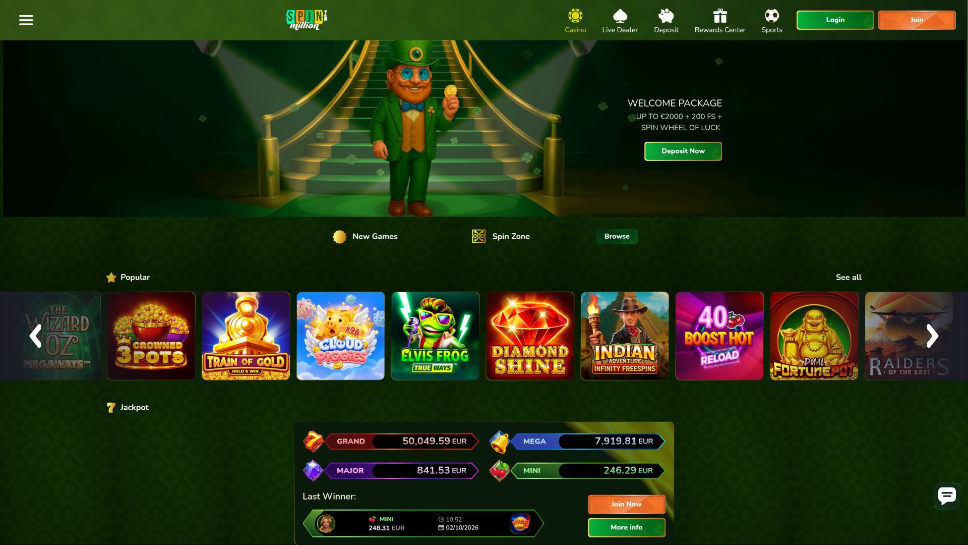 Página inicial do Spin Million Casino para computador
