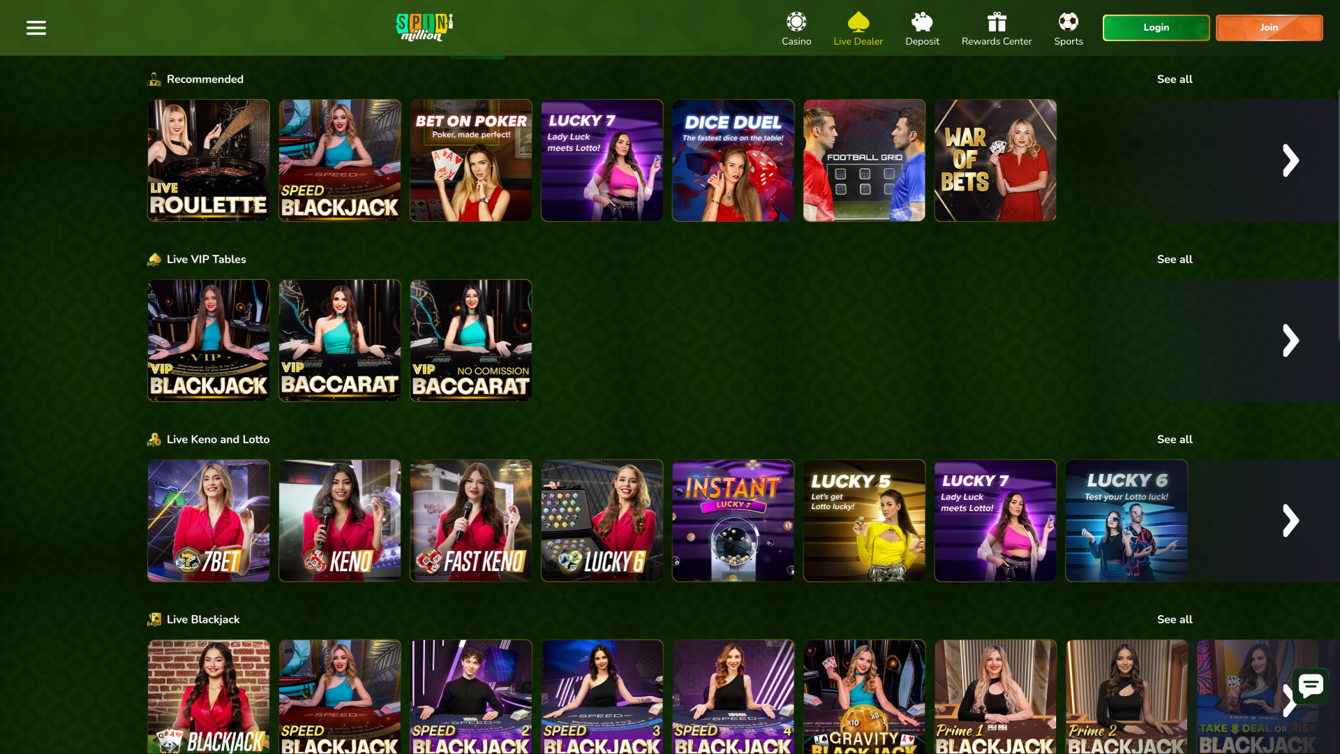 Cassino ao vivo Spin Million para computador