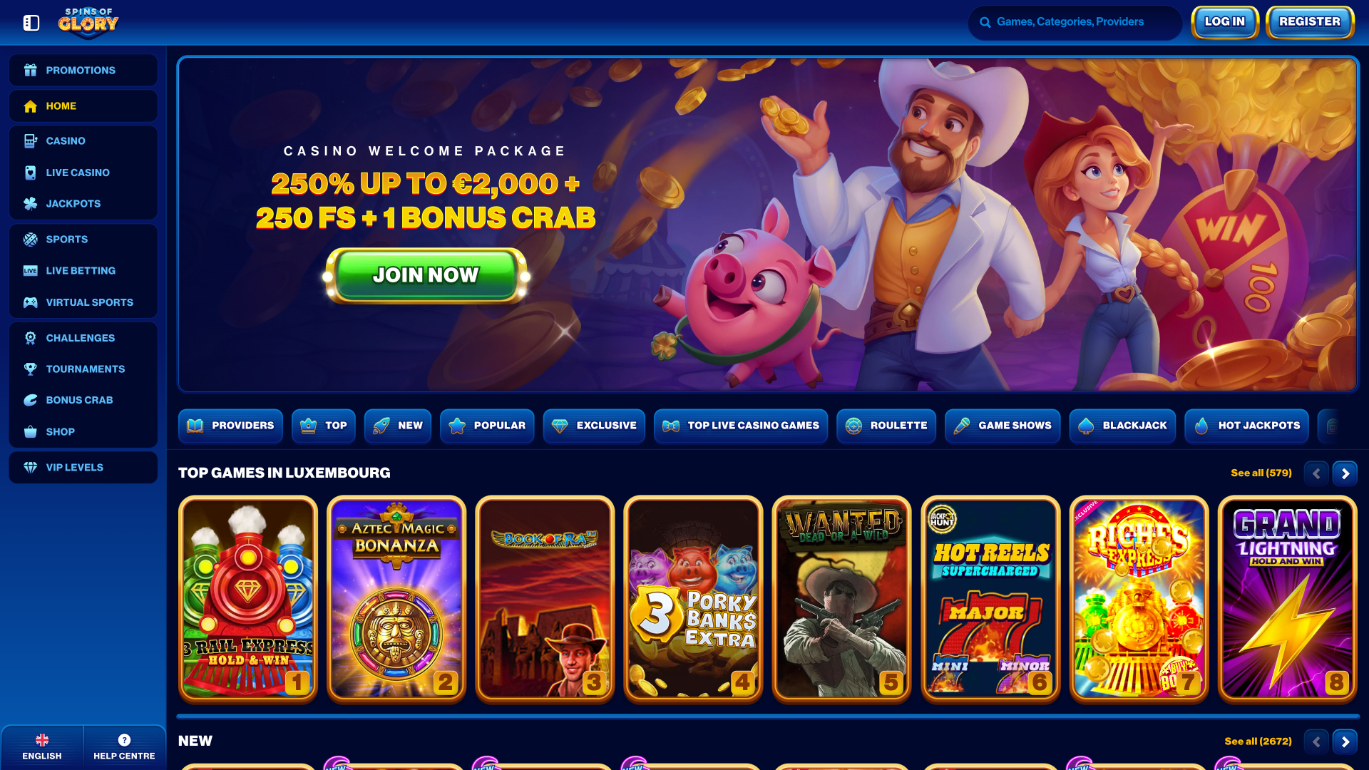 Page d'accueil du casino Spin Of Glory pour ordinateur