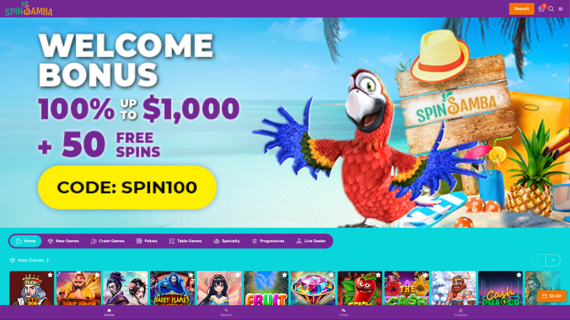 Page d'accueil de bureau de Spin Samba Casino