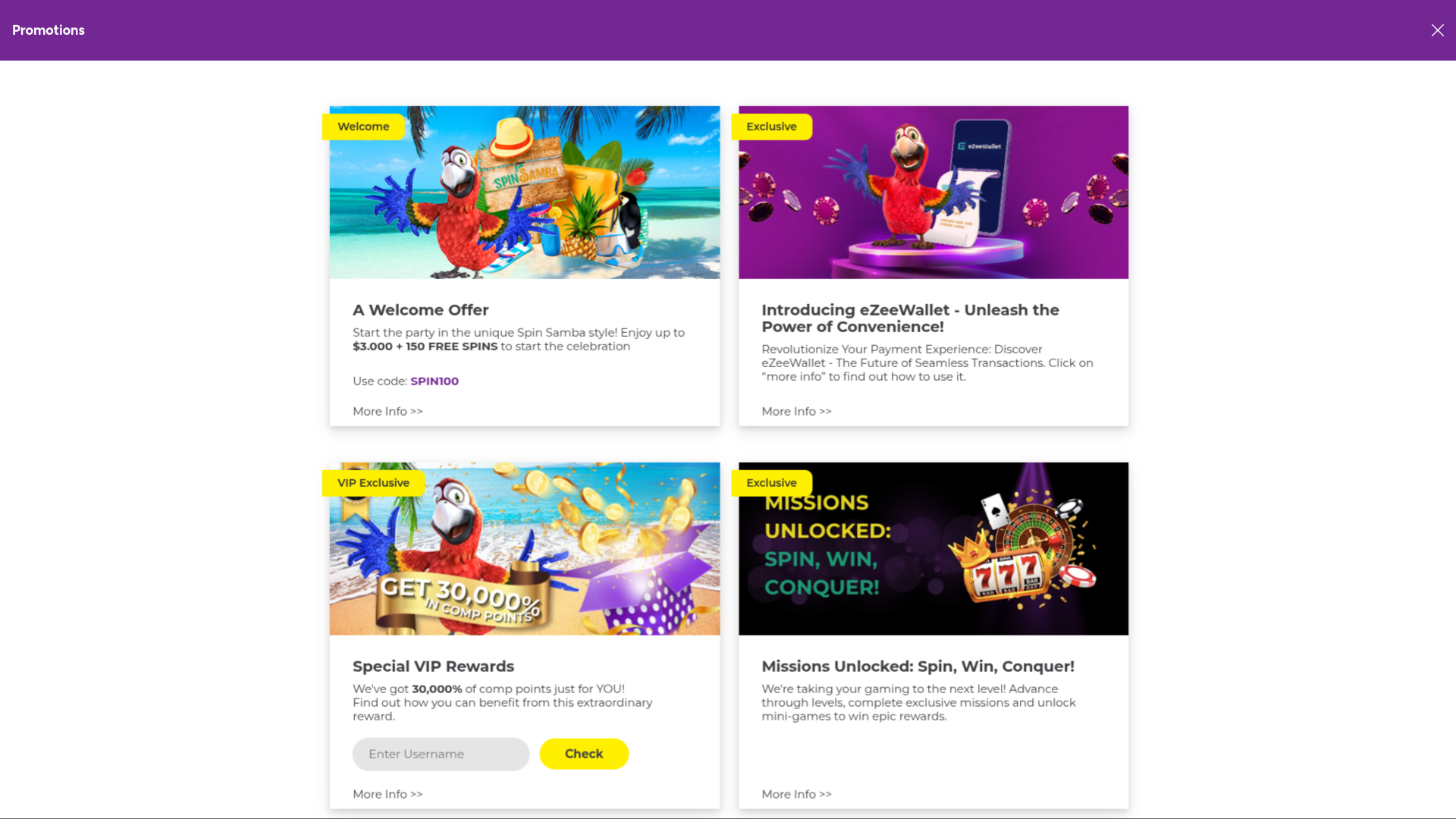 Promotions de bureau de Spin Samba Casino