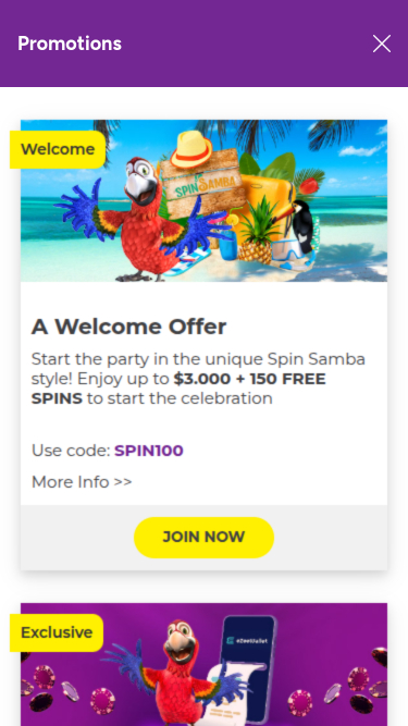 Promotions mobiles de Spin Samba Casino