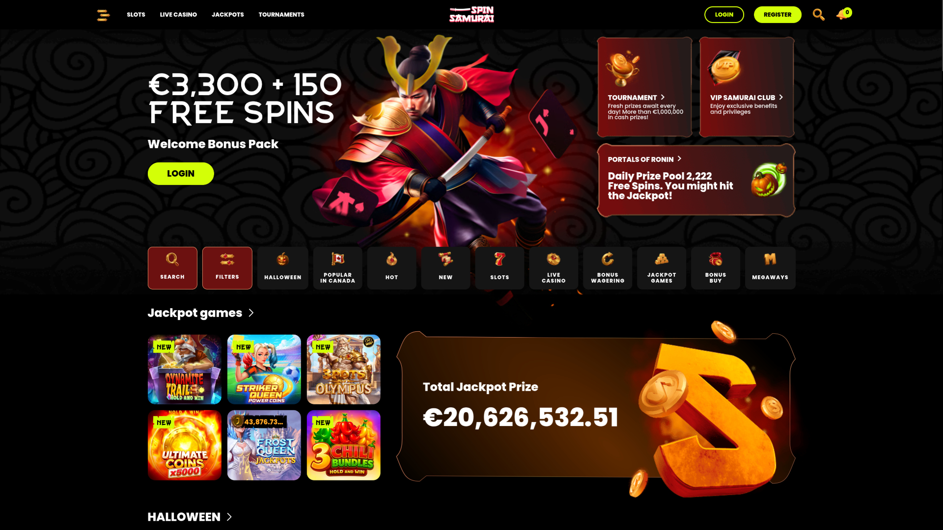 Page d'accueil du casino Spin Samurai pour ordinateur
