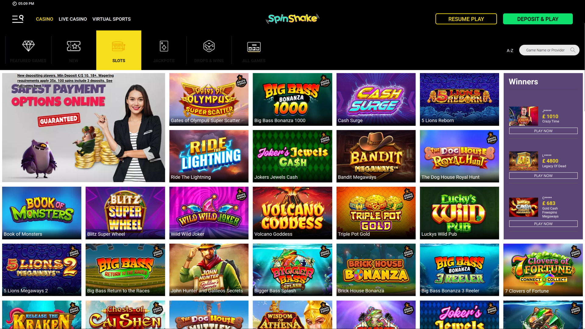 Jeux de bureau de Spin Shake Casino