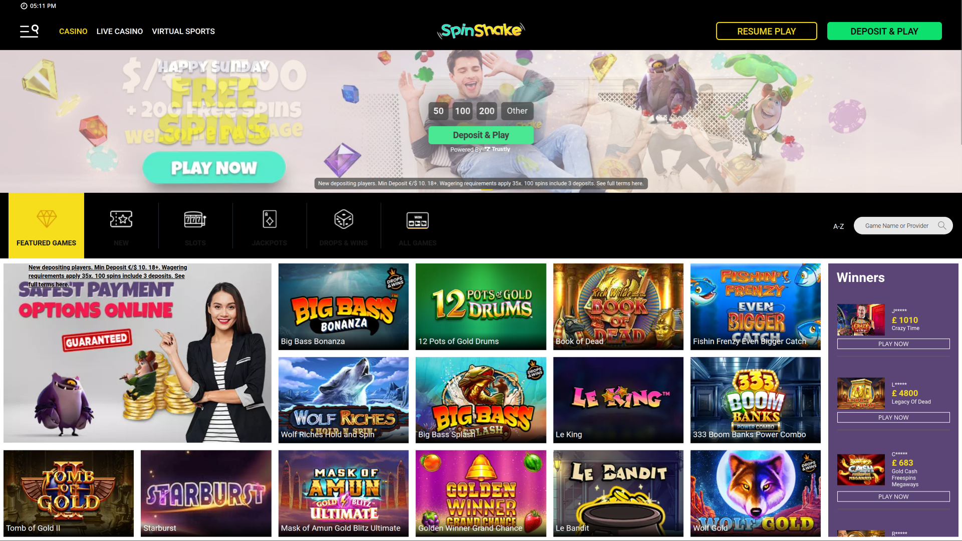 Page d'accueil de bureau de Spin Shake Casino