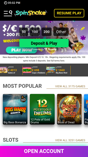 Page d'accueil mobile de Spin Shake Casino