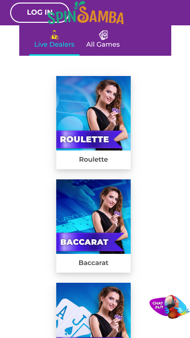 Croupier en direct mobile de Spin Samba Casino