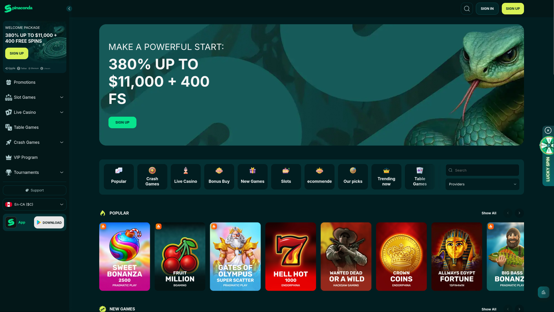 Spinaconda Casino Desktop Homepage