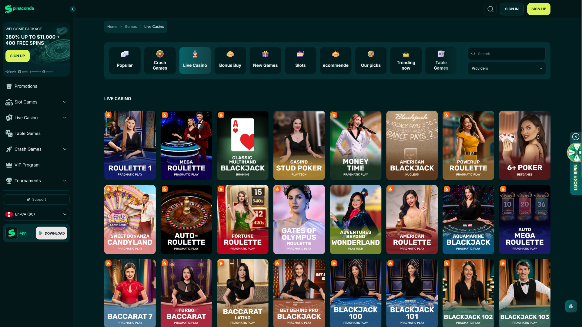 Spinaconda Casino Desktop Live Dealer