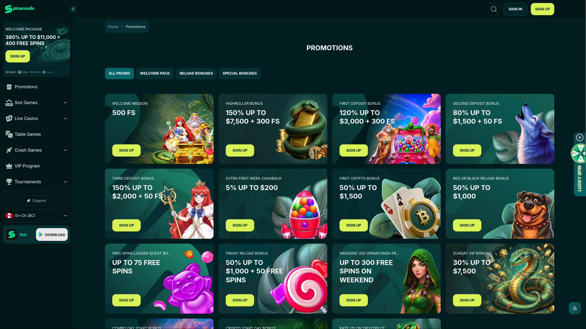 Spinaconda Casino Desktop Promotions