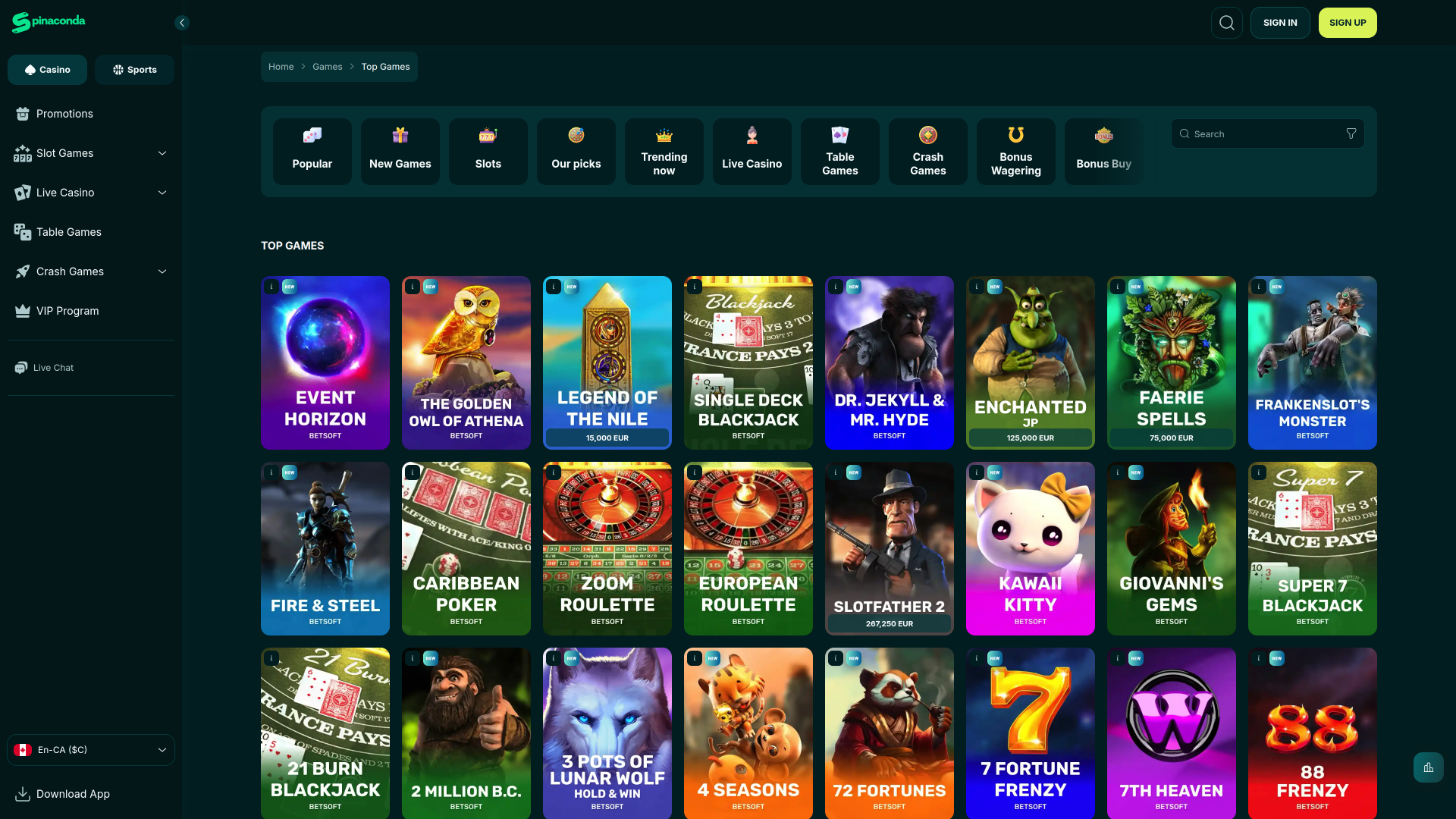 Игры казино Spinaconda для настольных компьютеров