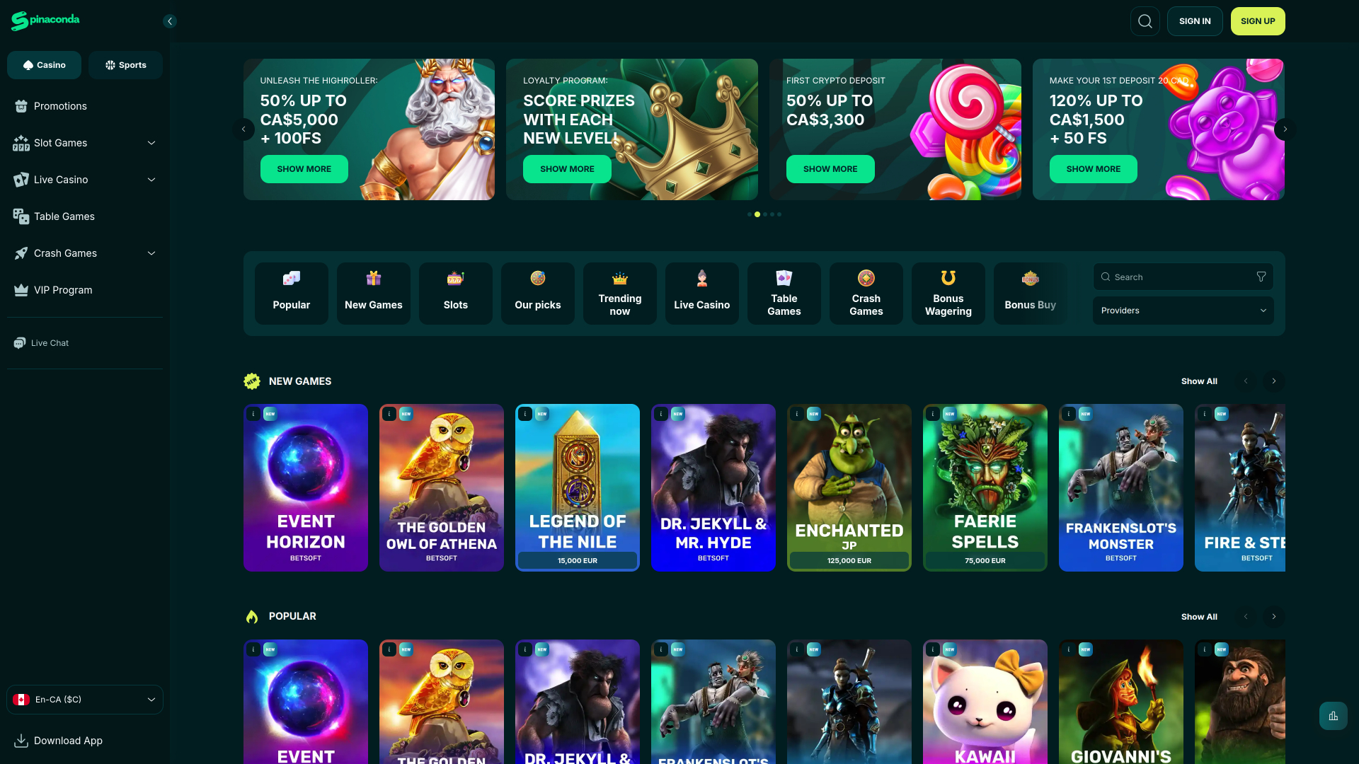 Главная страница казино Spinaconda (для ПК)