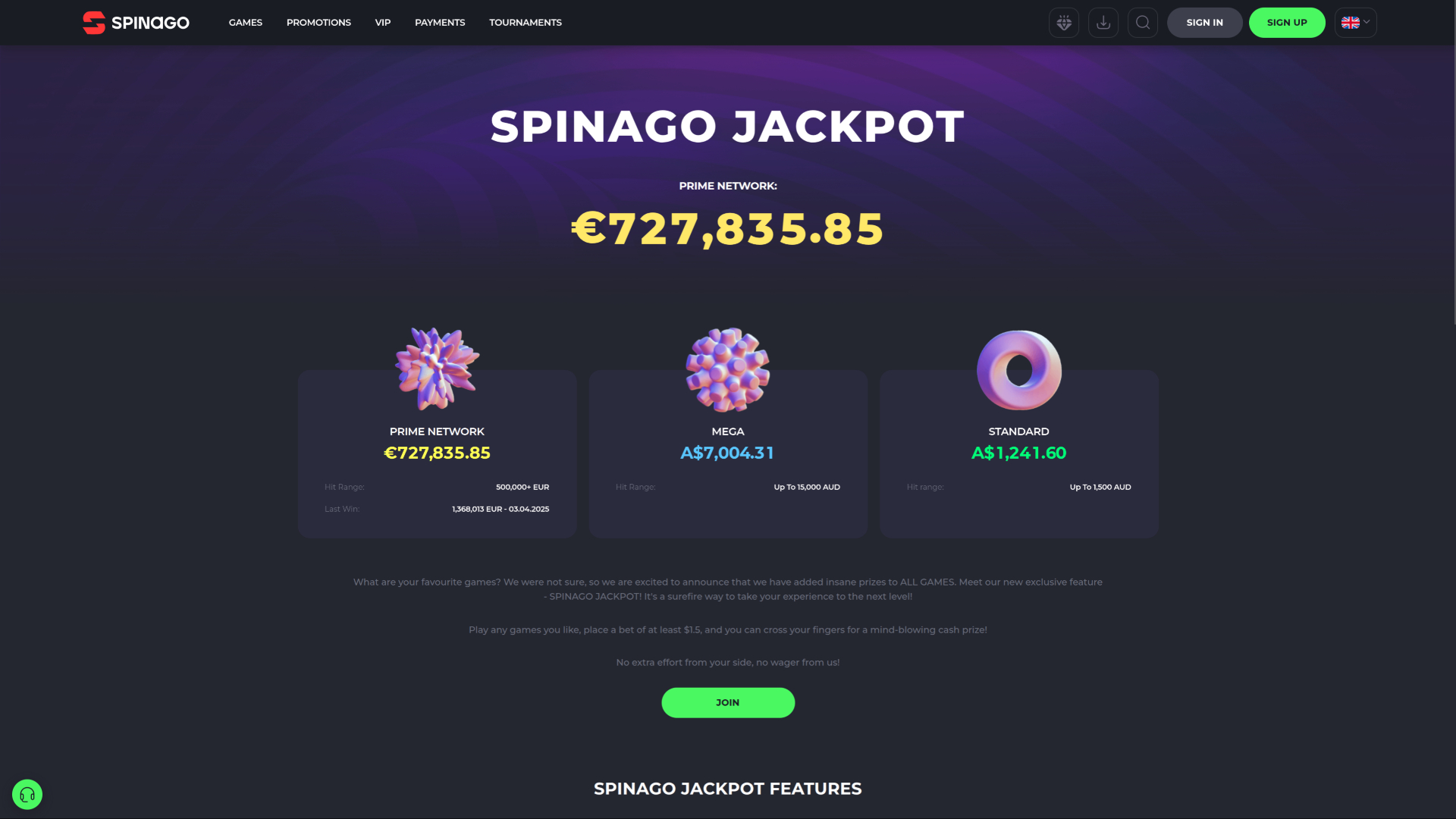 Jackpot de bureau de Spinago Casino