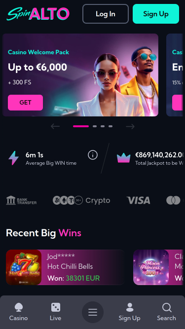 Page d'accueil mobile du casino Spinalto