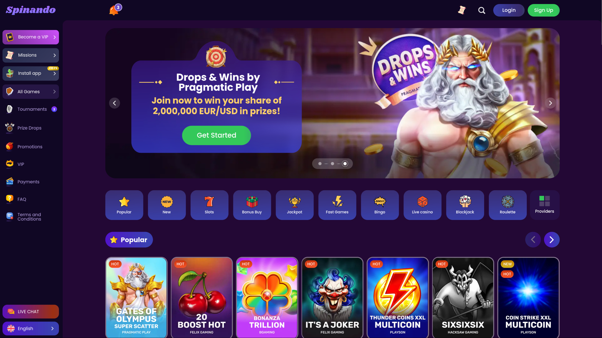 Spinando Casino Desktop Homepage