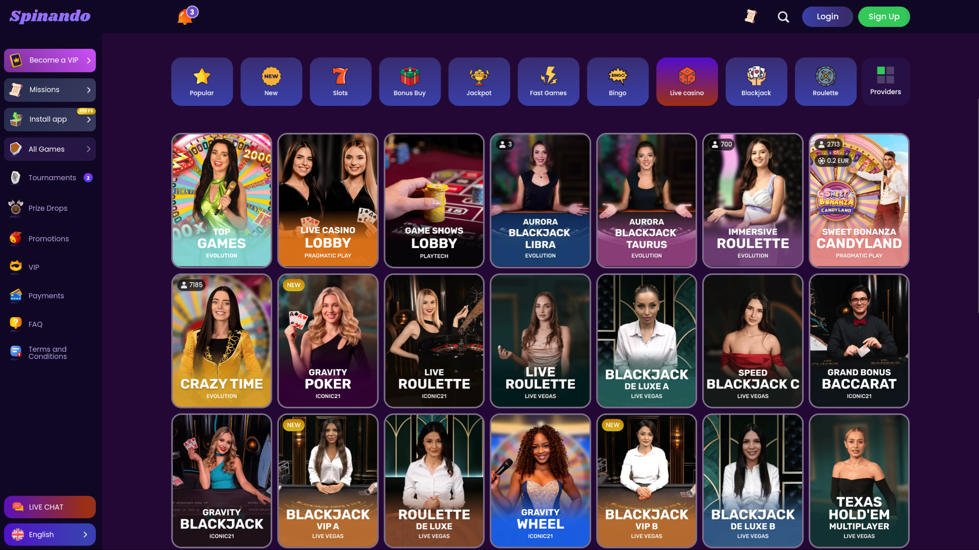 Spinando Casino Desktop Live Dealer