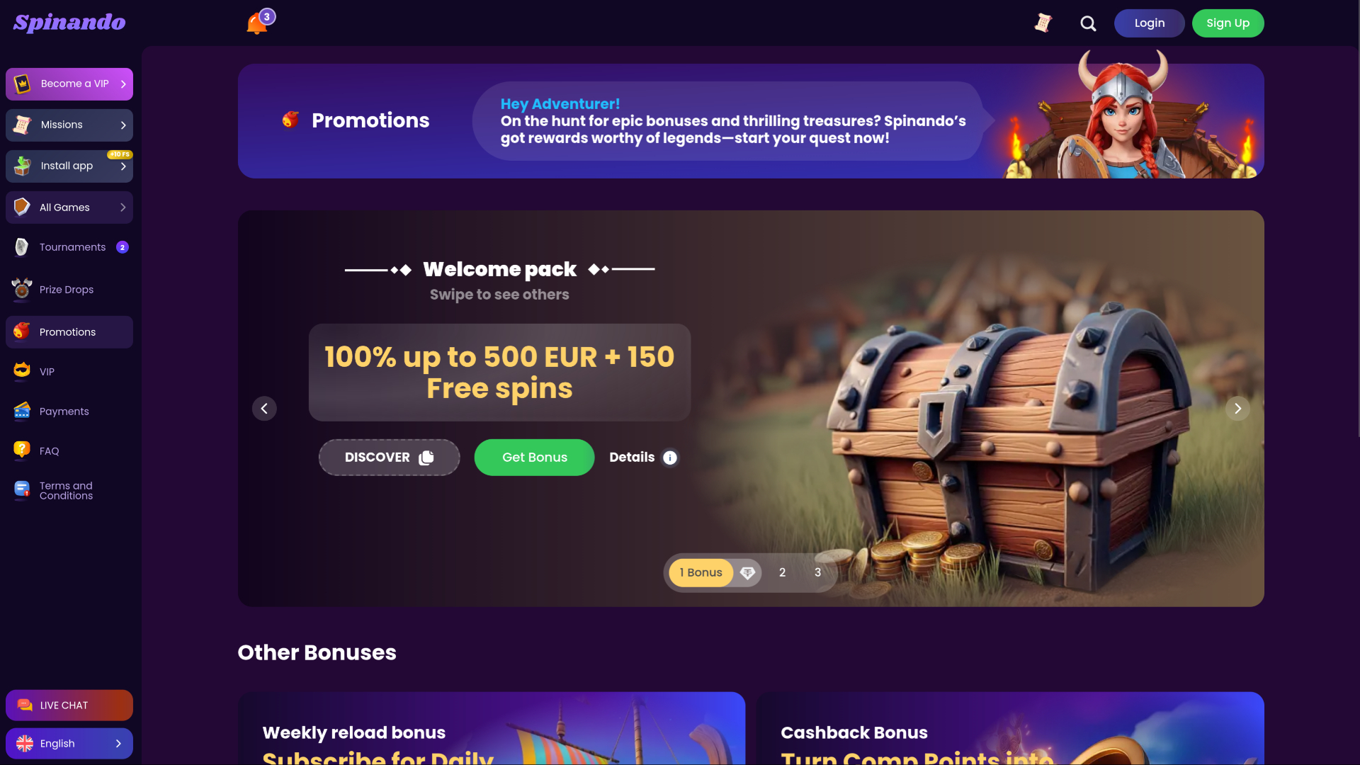 Spinando Casino Desktop Promotions