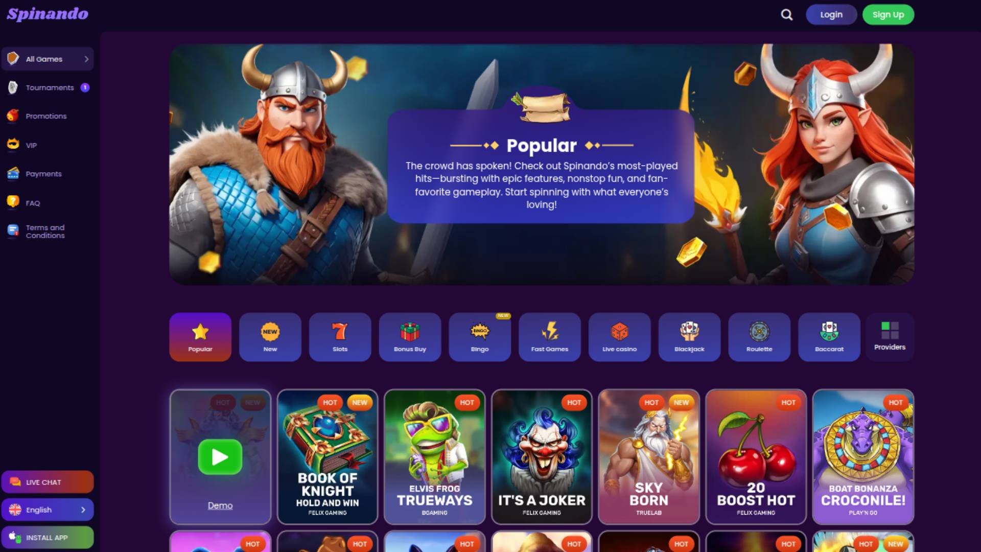 Screenshot della pagina dei giochi di Spinando Casino