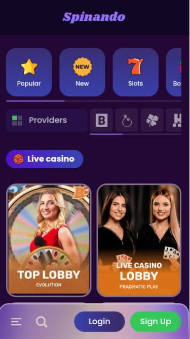 Screenshot della pagina mobile live di Spinando Casino