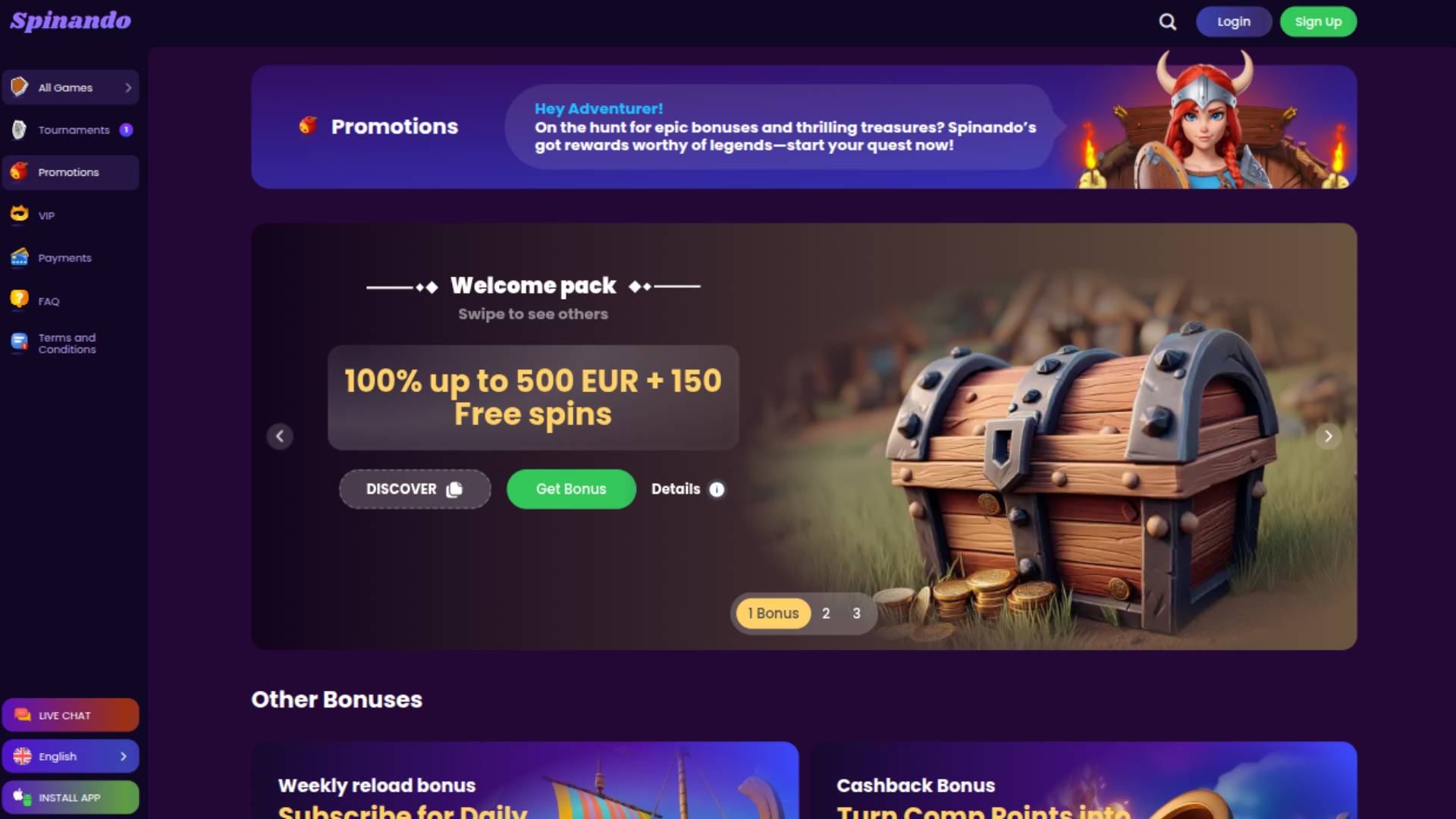 Screenshot della pagina delle promozioni di Spinando Casino