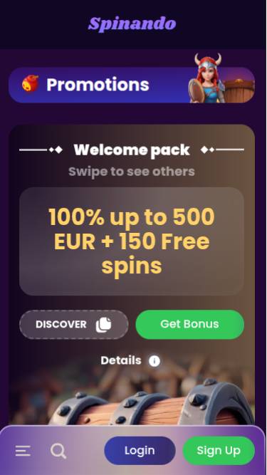 Screenshot delle promozioni mobili di Spinando Casino