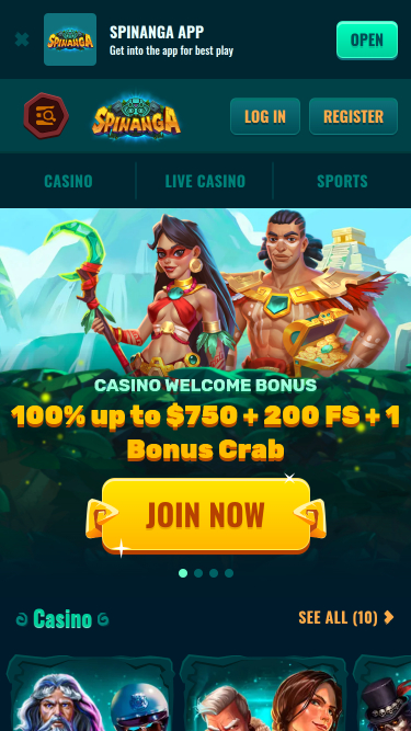 Page d'accueil mobile de Spinanga Casino