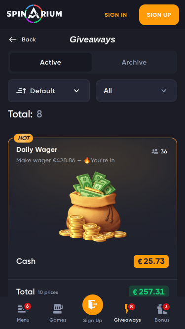 Sorteos móviles de Spinarium Casino