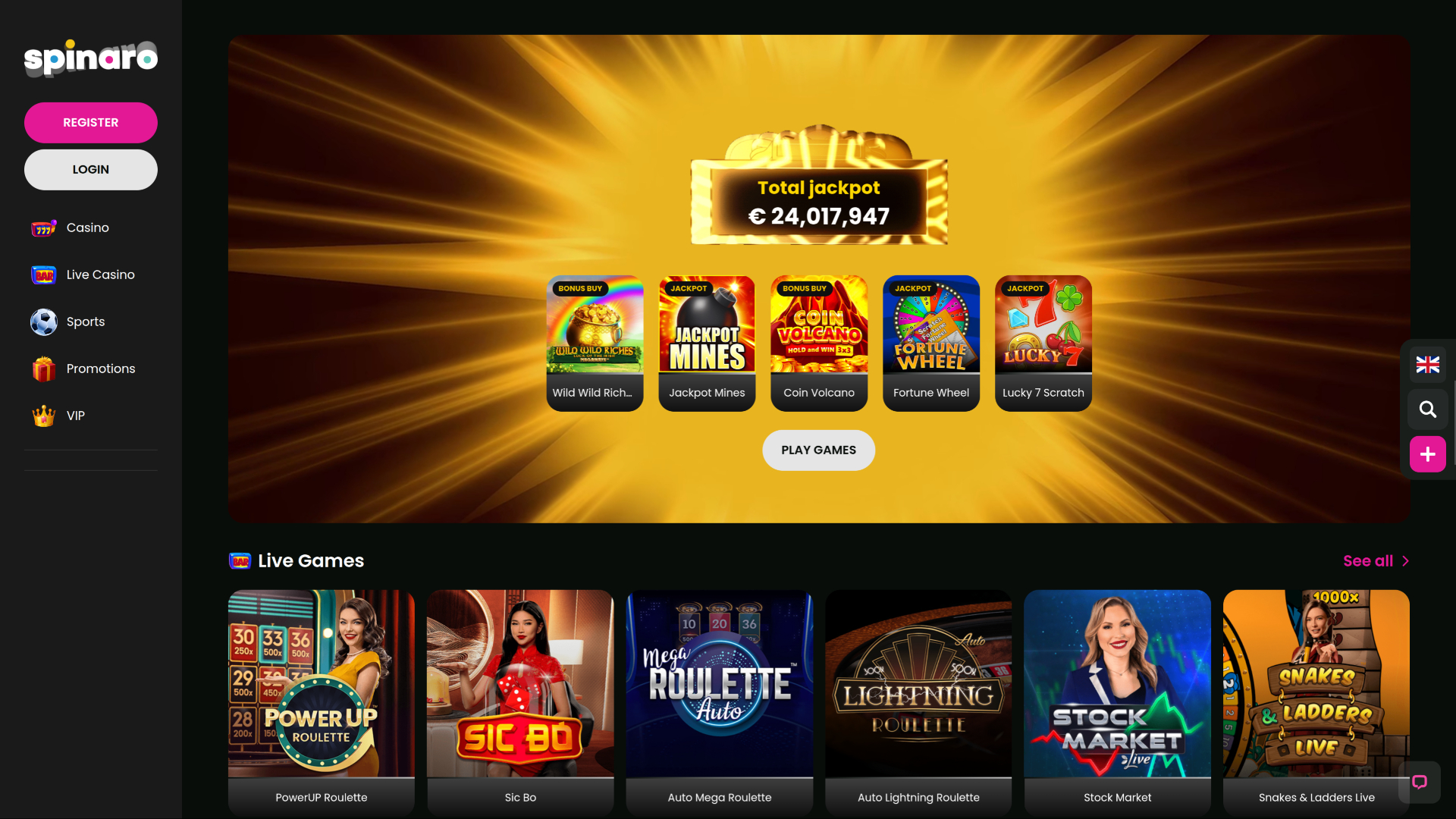 Джекпот Spinaro Casino для настольных ПК