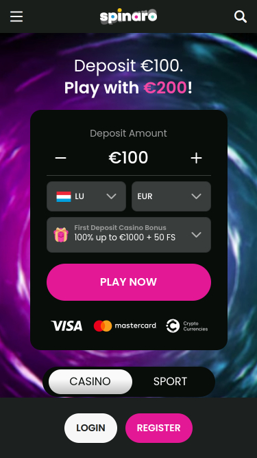 Главная страница Spinaro Casino для мобильных устройств