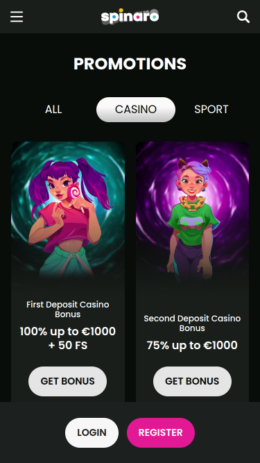 Промоакции Spinaro Casino для мобильных устройств