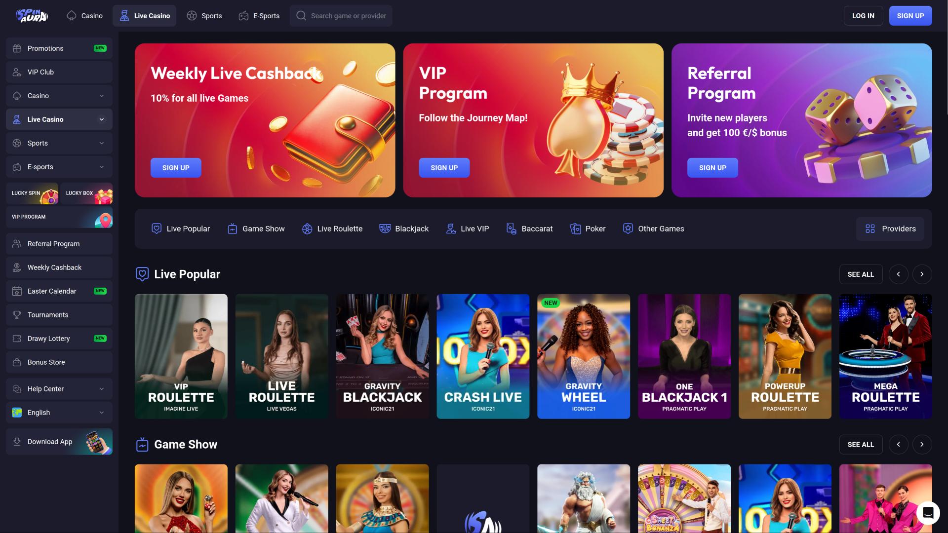 Pagina del dealer dal vivo di SpinAura Casino