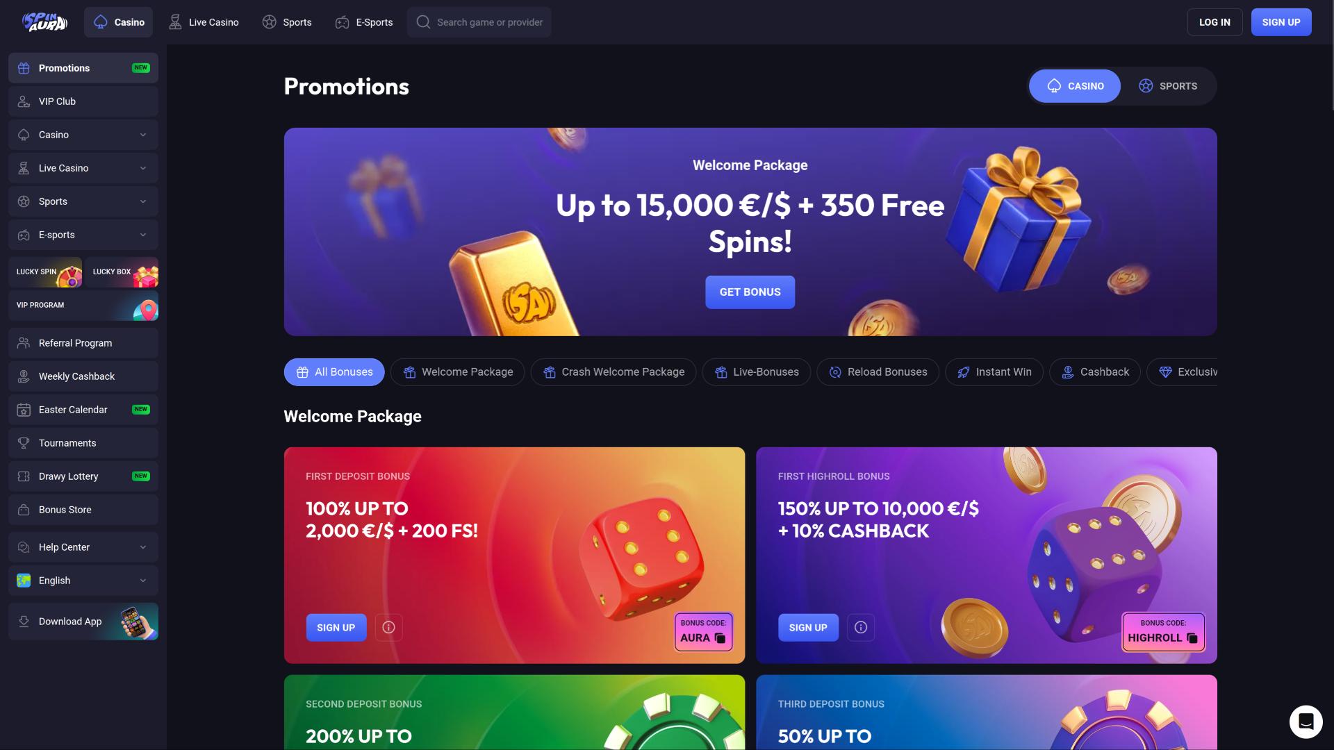 Pagina delle promozioni del Casinò SpinAura