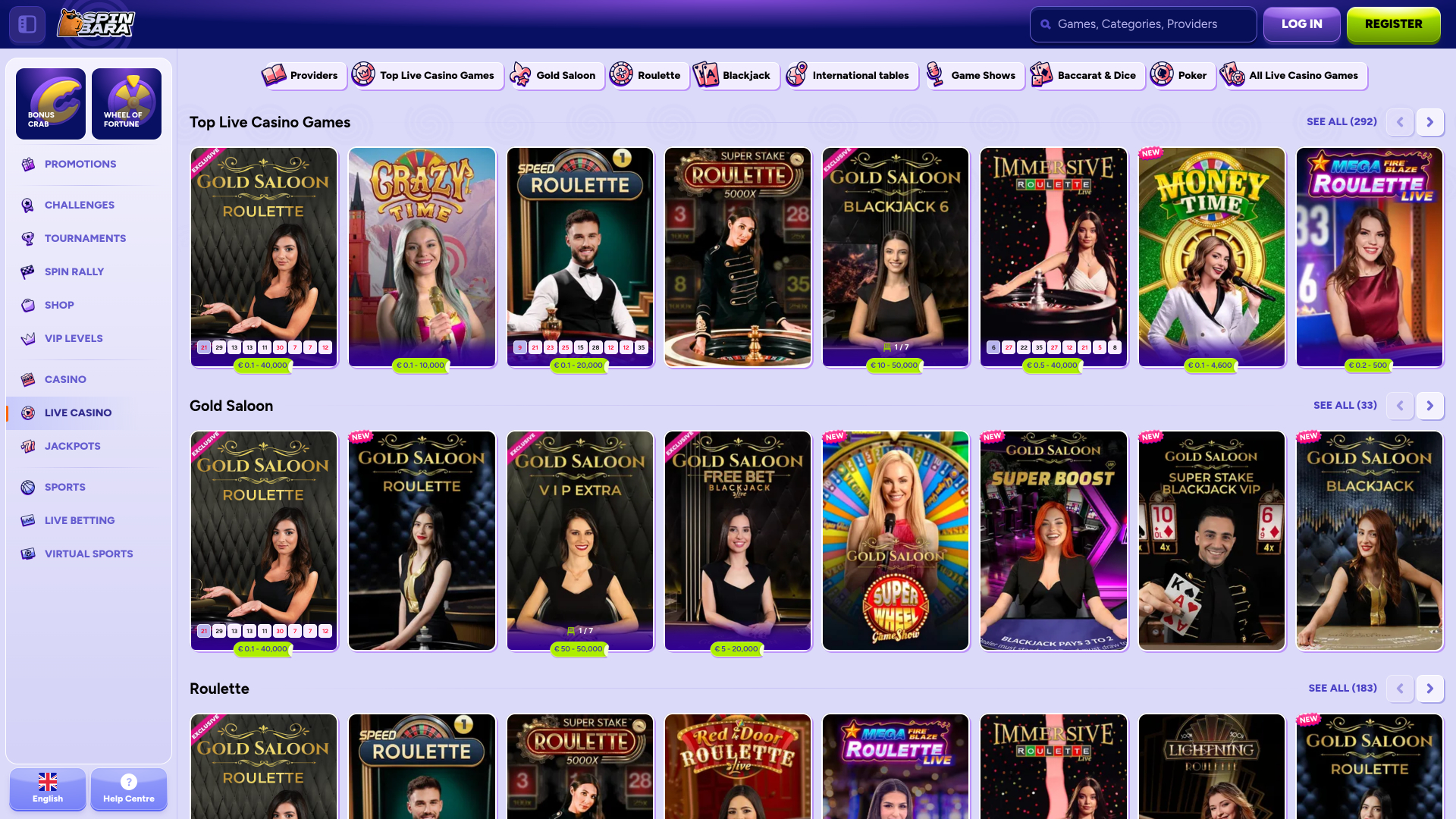 Casino Spinbara pour ordinateur avec croupier en direct
